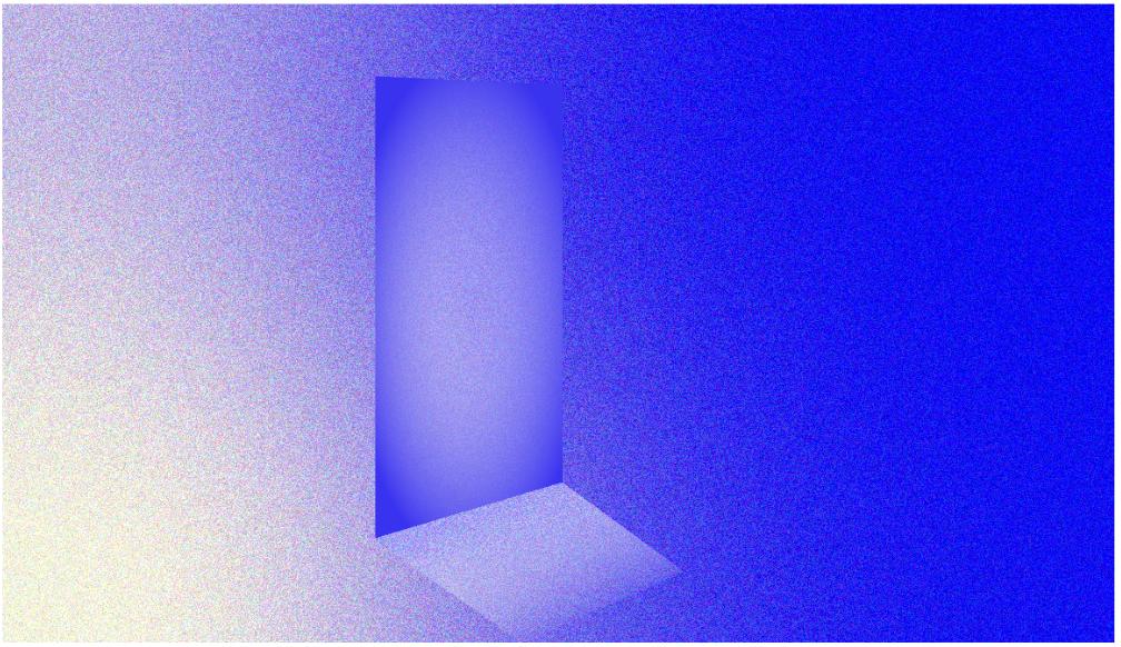 Abstract, grainy image depicting a recessed doorway or portal. The background is a gradient from speckled off-white on the left to deep blue on the right. The doorway is a lighter blue, suggesting an opening into another space.
